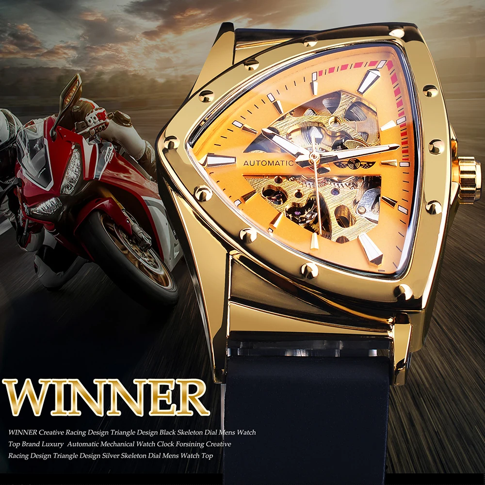 המנצח זהב שלד מכני השעון שקוף גברים אוטומטי שעון יד סיליקון רצועה משולש שעונים Relogio Masculino