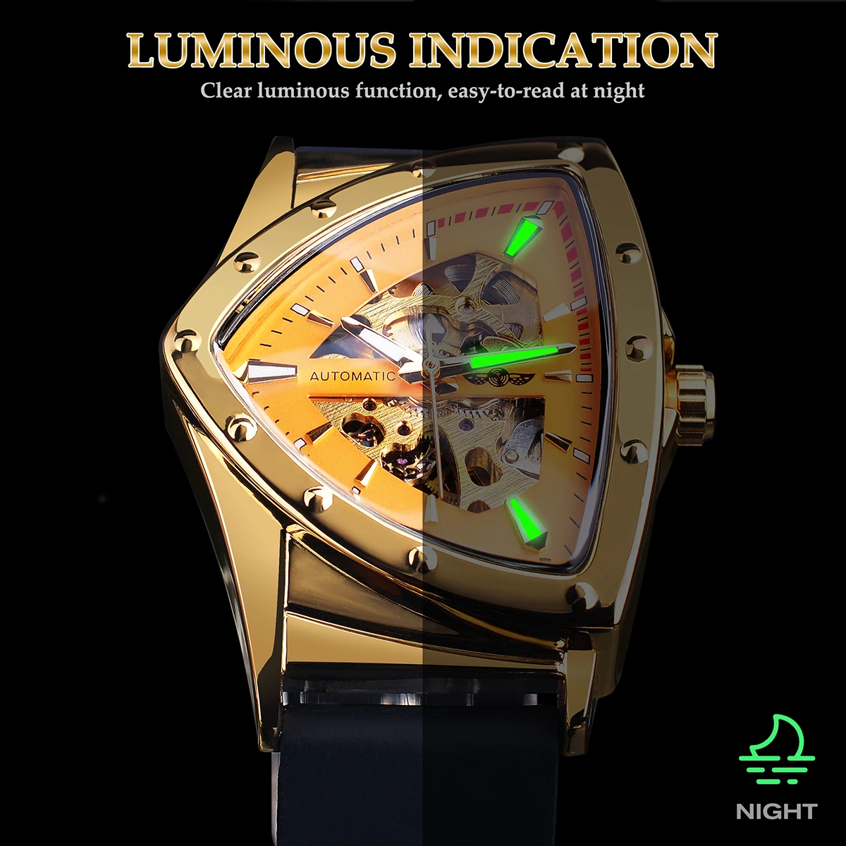 המנצח זהב שלד מכני השעון שקוף גברים אוטומטי שעון יד סיליקון רצועה משולש שעונים Relogio Masculino