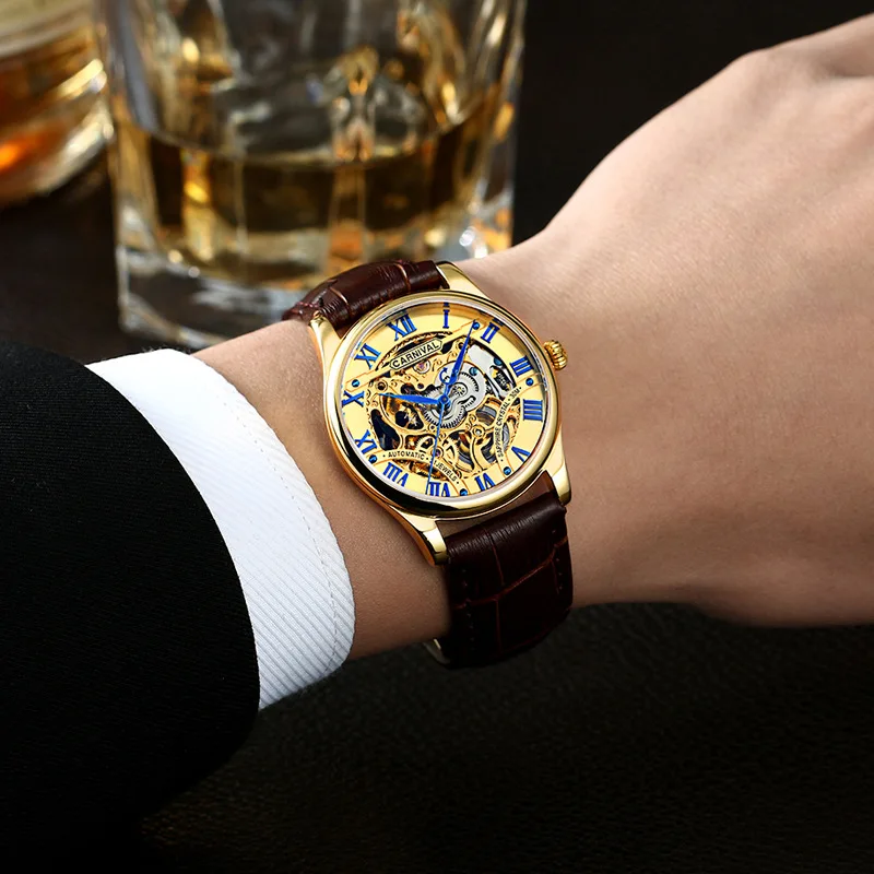 קרנבל מותג האופנה שלד שעון גברים יוקרתי עסקים אוטומטי מכאני שעון יד עמיד למים 2022 Relogio Masculino