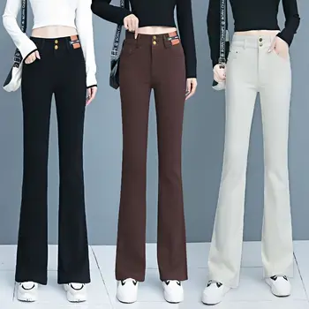 2023 חדשה סתיו חורף אופנה נשית ג ' ינס רטרו אפליקציות גבוהה המותניים סלים מכנסיים מתרחבים מקרית Slim כפתור רוכסן מכנסיים נשים
