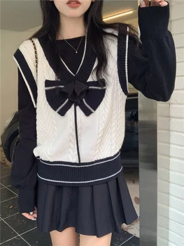 Deeptown אביזרי Kawaii לבן סוודר נשים בסגנון יפני Jk מתוק קשת Oversize מגשר חמוד רך בנות Harajuku Knitwears