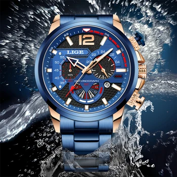 LIGE גברים שעון יוקרה עסקי האופנה קוורץ גבר שעון היד עמיד למים מזדמנים ספורט גברים שעון הכרונוגרף Relogio Masculino+קופסא