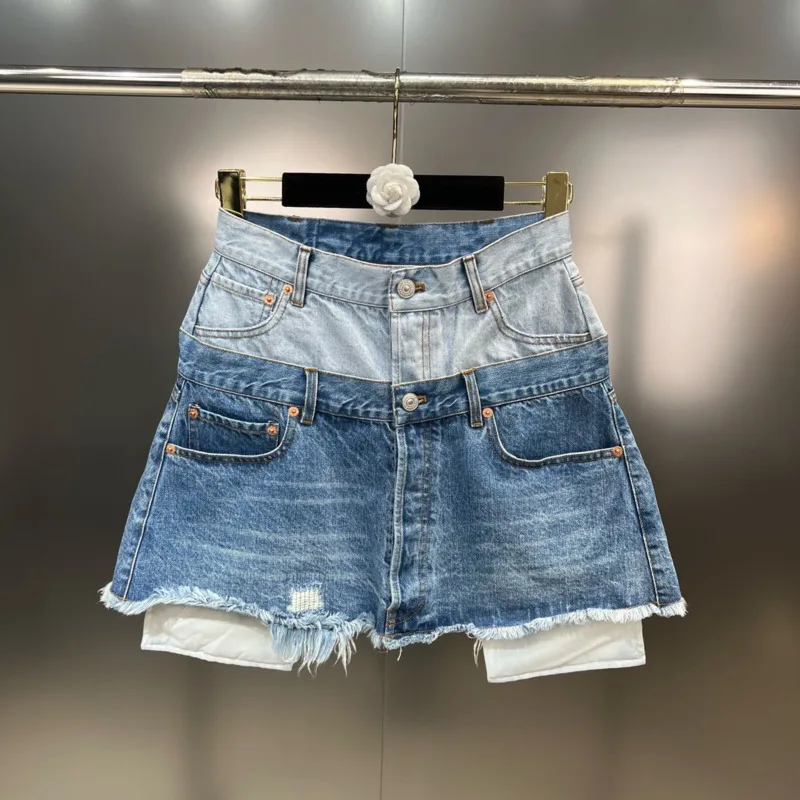 BORVEMAYS 2023 אביב קיץ אופנה חדשה מגמה טלאים בצבעים מנוגדים גבוהה המותניים קו-מיני ג ' ינס חצאיות נשים WZ1040
