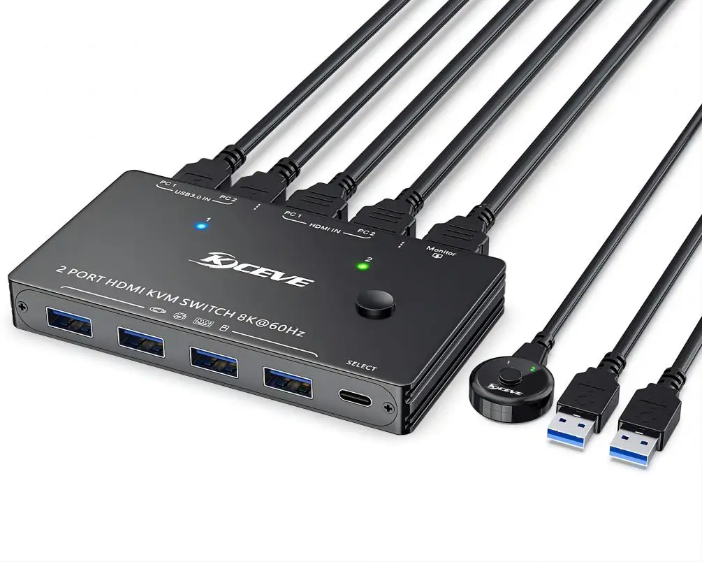 KCEVE USB3.0 HDMI KVM 2 יציאות 8K 60Hz HDMI 2.1 KVM ל-2 מחשבים 1 מוניטור ו-4 יציאות USB 3.0,HDCP 2.3, HDR 10