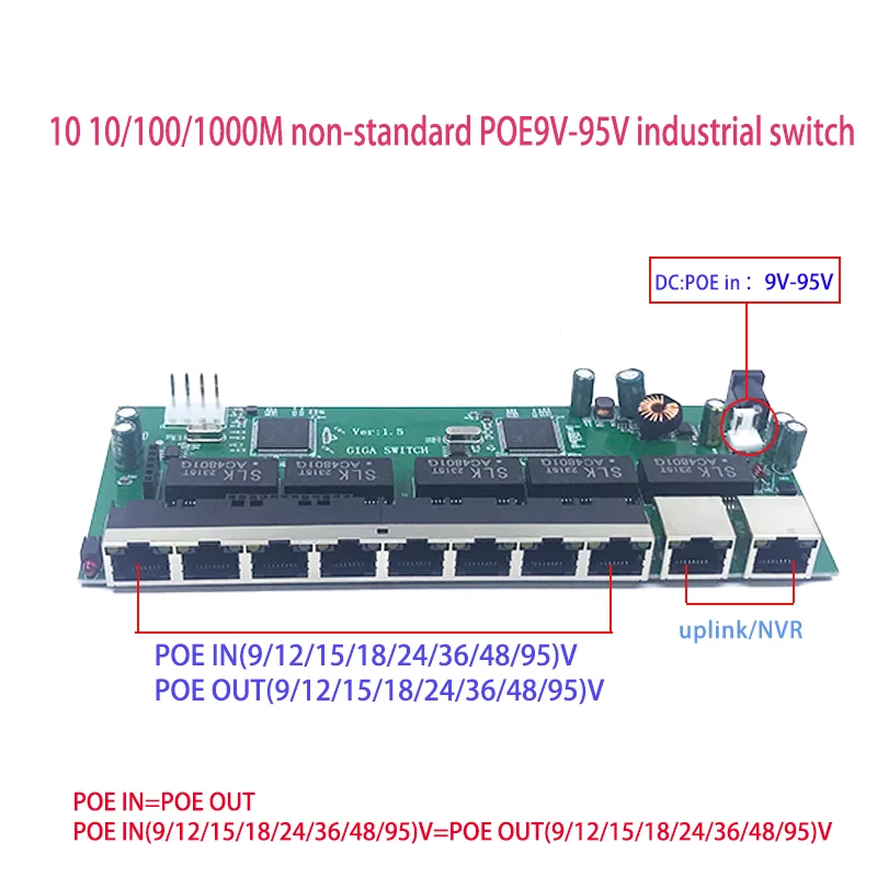 10 1000M gigabit switch שאינם סטנדרטיים 8POE 9V/12V/15V/18V/36V/48V/96V,2UPLINK ברק, חשמל סטטי הגנה