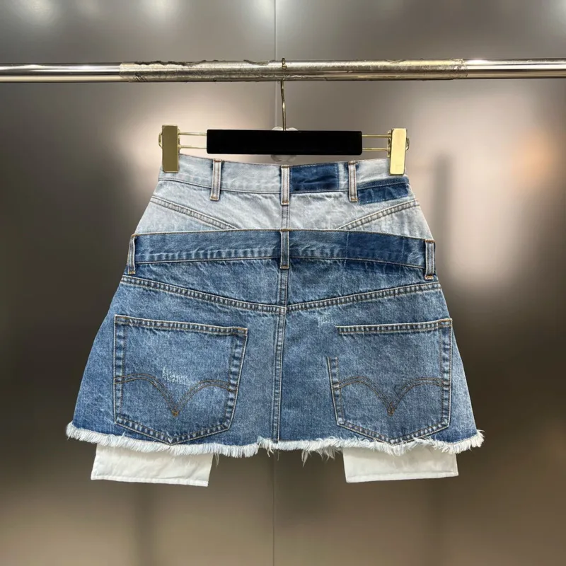 BORVEMAYS 2023 אביב קיץ אופנה חדשה מגמה טלאים בצבעים מנוגדים גבוהה המותניים קו-מיני ג ' ינס חצאיות נשים WZ1040