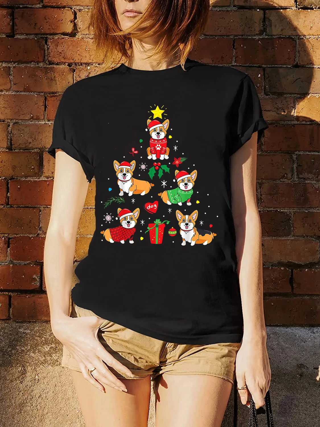 FLC כותנה Kawaii קורגי קישוט חג המולד עץ עיצוב מצחיק הכלב מתנה חולצה אוהבי העליון נשים יוניסקס נשי חמוד אופנת רחוב Smmer