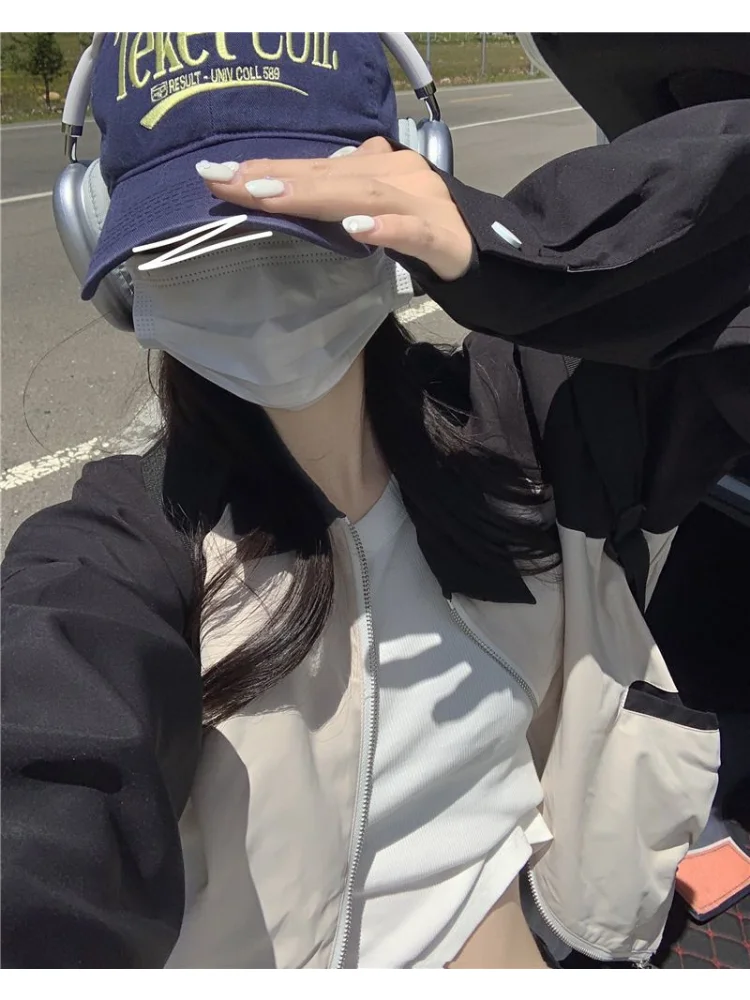 HOUZHOU Harajuku קוריאנית קצוץ המחבל מעילי נשים Kpop אופנת רחוב רוכסן טלאים המכללה הג ' קט מעילים מנופחים