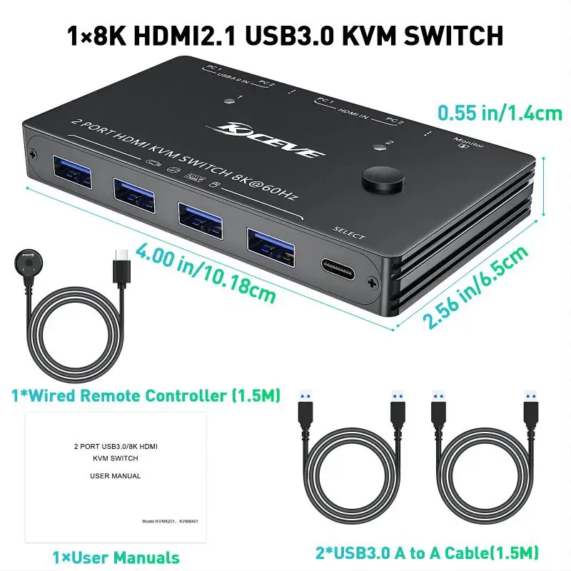 KCEVE USB3.0 HDMI KVM 2 יציאות 8K 60Hz HDMI 2.1 KVM ל-2 מחשבים 1 מוניטור ו-4 יציאות USB 3.0,HDCP 2.3, HDR 10