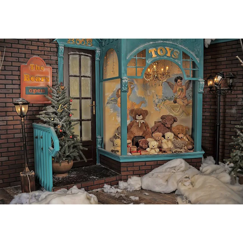 Mehofond תפאורה חג המולד רקע חנות צעצועים חלון דוב בחוץ שלג ילדים צילום דיוקן צילום סטודיו פוטושוט