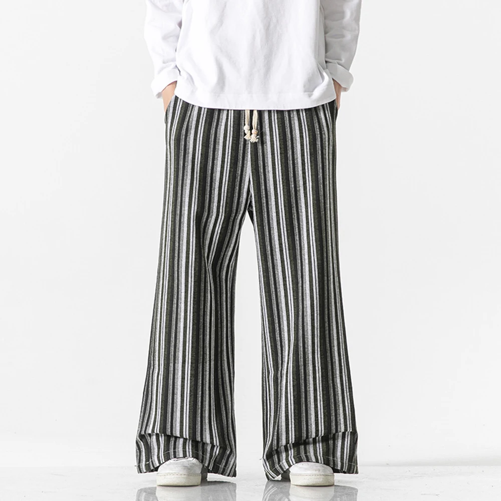 בסגנון סיני עם פסים מכנסיים רחבות אופנה רטרו בגדים מסורתיים גודל גדול מזדמן אלסטי המותניים ישר-רגל מכנסי גברים