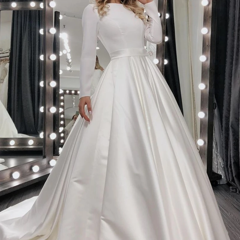 בציר שמלת החתונה 2021 חדש שמלת נשף שרוולים ארוכים סאטן רכבת לטאטא רוכסן זולים החלוק דה Mariee O-צוואר עם חגורת גברת