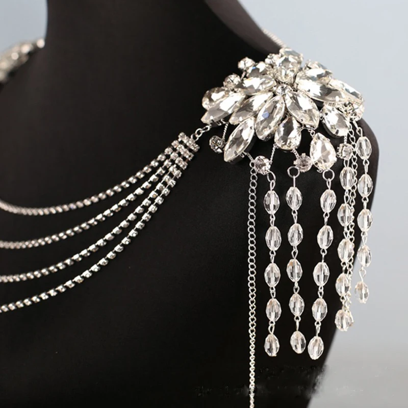 יוקרה כלה פרחים עוצב עבור נשים קריסטל כתף שרשרת תכשיטים, שמלת כלה אביזרי מסיבה גדולה השרשרת