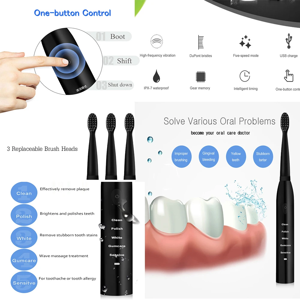 מברשת שיניים חשמלית קולי סוניק מברשת שיניים נטענת שחור רחיץ אלקטרוני הלבנת למבוגרים טיימר מברשת שיניים