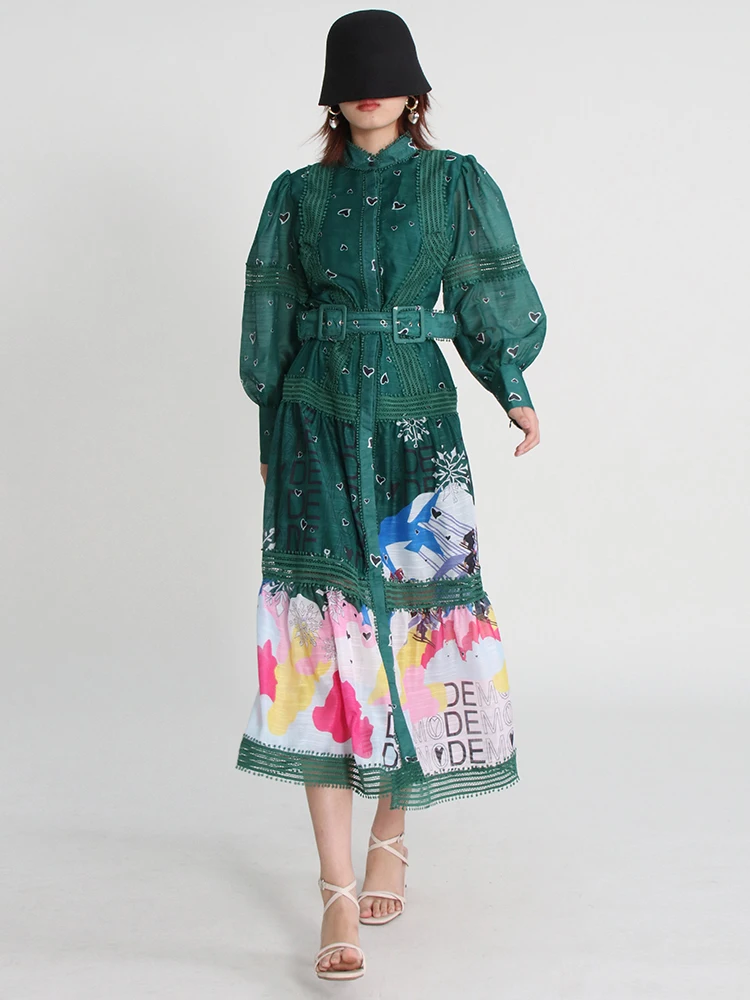 TWOTWINSTYLE הדפסה Colorblock חופשי Midi שמלה לנשים לעמוד צווארון פנס השרוול גבוה המותניים בציר שמלות נקבה 2022 חדש