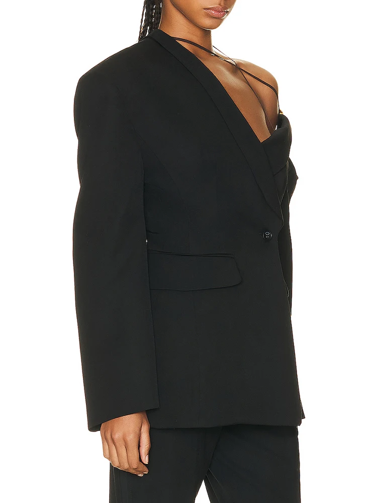 VGH סימטרית שיק בלייזרים לנשים אלכסוני צווארון שרוול ארוך מחוץ כתף משולבים כפתור ישר בלייזר נשית אופנה