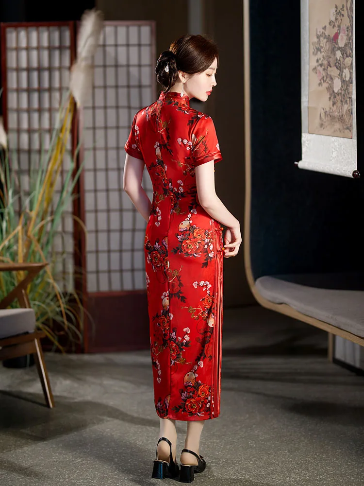 Yourqipao הקיץ סלים משי Cheongsam מסלול אדום אופנה אלגנטית אירועים מסיבת צ ' יפאו בסגנון סיני שמלת כלה לנשים