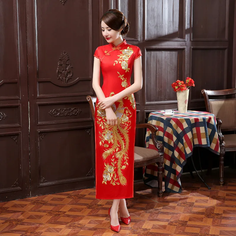 אדום ורוד הקיץ Cheongsam שמלת פיניקס ברוקד נשים אלגנטי סלים להראות חתונה כלה שמלת משי נדן שמלת S כדי 3XL
