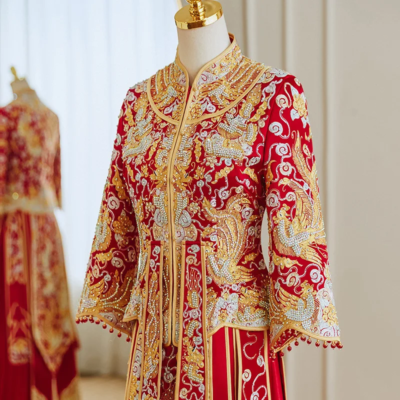 בסגנון סיני Cheongsam שמלת חתונה איכות גבוהה הדרקון פיניקס רקמה נישואין החליפה מזרחי הכלה בגדי וינטג ' Qipa