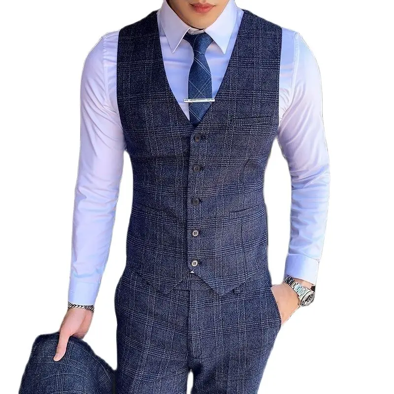 כחול עם פסים משובצות 3 חתיכה להגדיר גברים ( ז ' קט+אפוד+מכנסיים) חום-אפור מסיבת חתונה Slim Fit Mens חליפות באיכות גבוהה בלייזרס S-5XL
