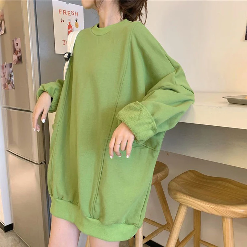 150kg יכול ללבוש 2xl אביב סתיו או הצוואר נשים שרוול ארוך חולצות מזדמנים Harajuku מנופחים שחור ירוק כחול מוצק רופף לכל היותר