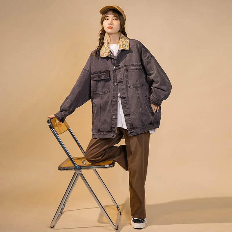 2023 אביב סתיו נשים מעיל אופנה חדשה Kpop חופשי 'קט ג' ינס גבוה ברחוב צדדי וינטג ' ינס מעיל
