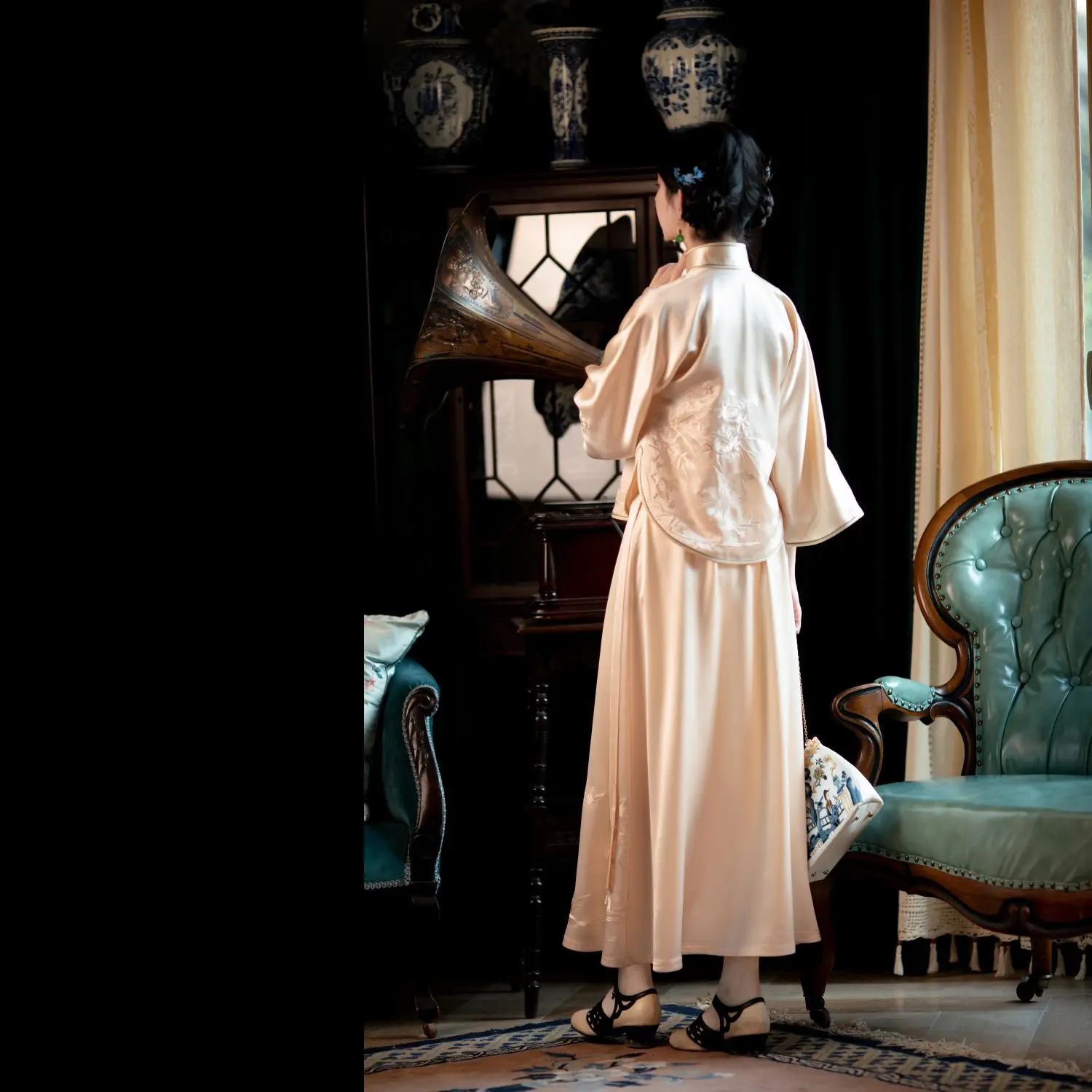 2023 בציר סאטן במבוק רקום טאנג חליפה העליון חצאית מכנסיים בגדי נשים סינית שמלת החתונה המסורתי צ ' יפאו