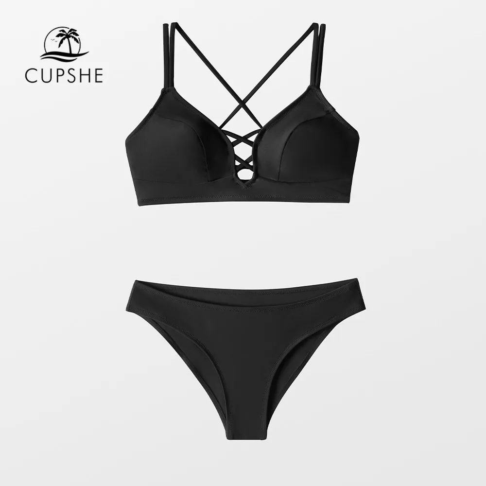 CUPSHE חזרה לקשור מותן נמוכה, ביקיני סטים של בגדי נשים שחורה סקסית V-צוואר רצועה שתי חתיכות Beachwear 2022 בגד ים בגדי ים