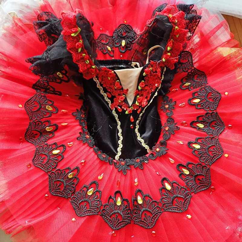 אדום בלט שמלת הברבור מקצועי תחרות תחפושות ביצועים תחרה פלאפי חצאית חדשה קלע V-צוואר שמלת חלק אחד