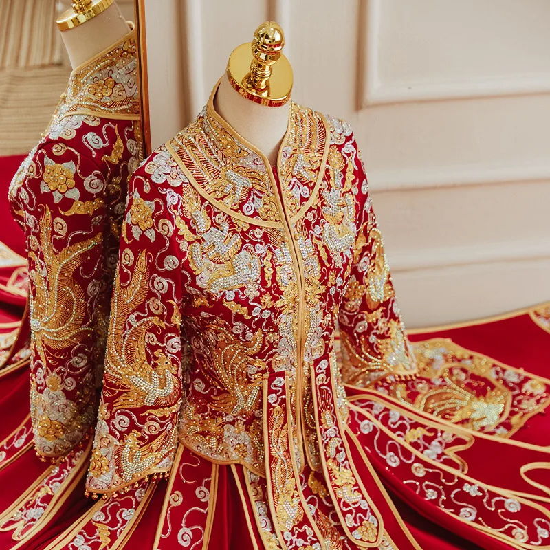 בסגנון סיני Cheongsam שמלת חתונה איכות גבוהה הדרקון פיניקס רקמה נישואין החליפה מזרחי הכלה בגדי וינטג ' Qipa