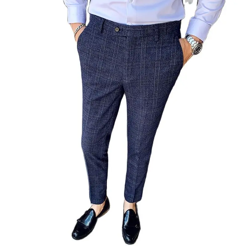 כחול עם פסים משובצות 3 חתיכה להגדיר גברים ( ז ' קט+אפוד+מכנסיים) חום-אפור מסיבת חתונה Slim Fit Mens חליפות באיכות גבוהה בלייזרס S-5XL