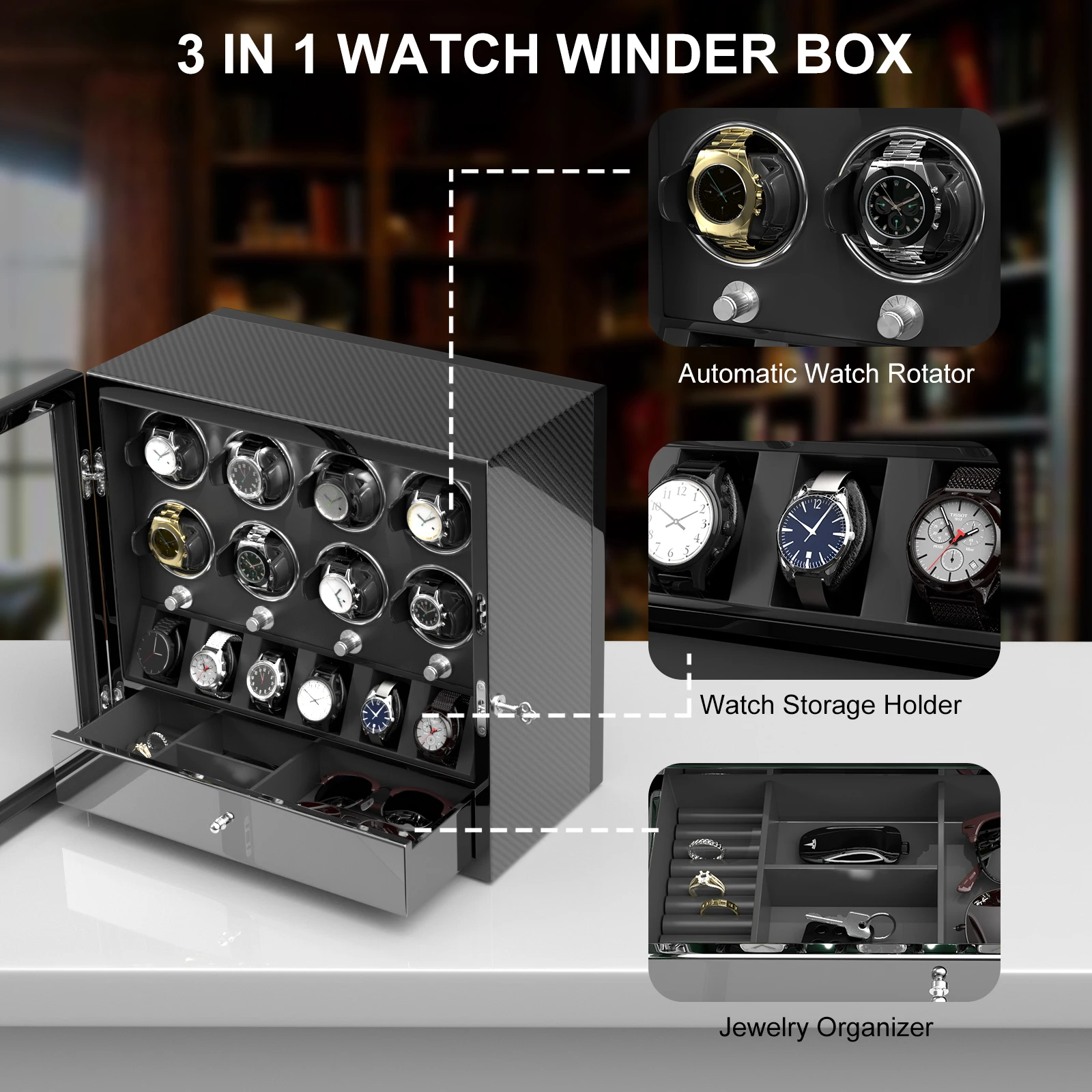 לצפות Winder אוטומטית שעונים 4 8 רולקס תיבת תכשיטים תצוגת גובה אחסון עם אור LED שקט Mabuchi מנוע
