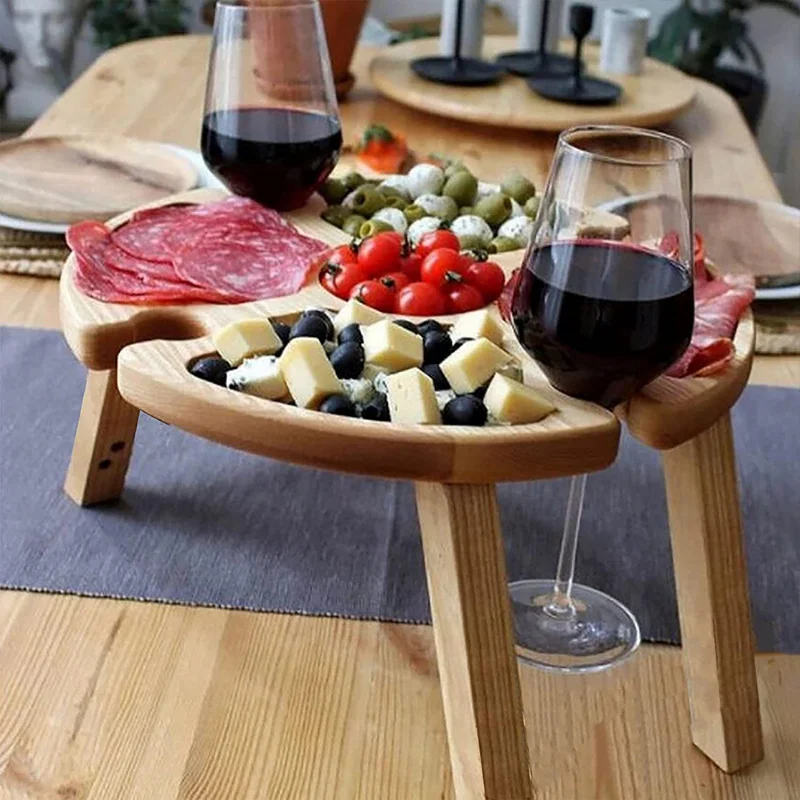 עץ חיצוני קיפול שולחן פיקניק עגול מתקפל השולחן, כוס יין מתלה מתקפל לקמפינג שולחן המסיבה.