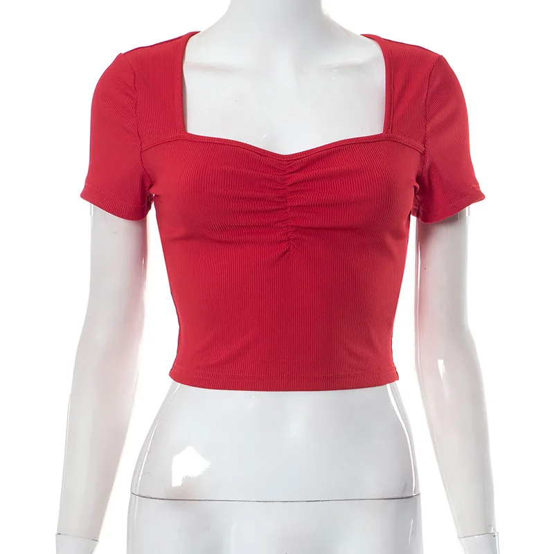 אירופאי ואמריקאי סגנון של נשים 2023 אביב/קיץ חדש נקי צבע קצרה עם שרוולים לעטוף את החזה קצר חולצת הטריקו