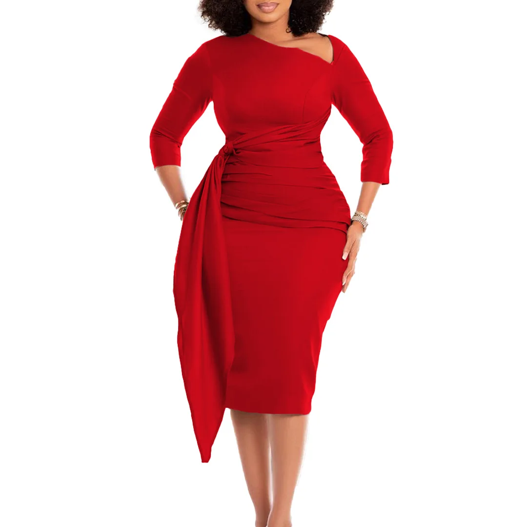 אפריקה שמלות לנשים סתיו לנשים אפריקאיות שלושת רבעי השרוול V-צוואר לבן אדום אפור פוליאסטר אורך הברך שמלת