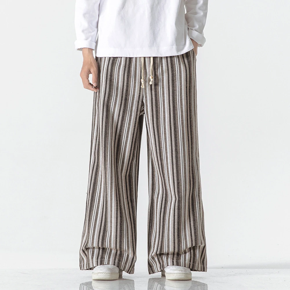 בסגנון סיני עם פסים מכנסיים רחבות אופנה רטרו בגדים מסורתיים גודל גדול מזדמן אלסטי המותניים ישר-רגל מכנסי גברים