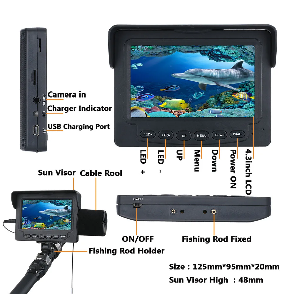 וידאו מוצא דגים 4.3 אינץ ' LCD צג 1000TVL מתחת למים לדוג ערכת מצלמה אורות לבנים לחורף קרח, אגם דיג בים