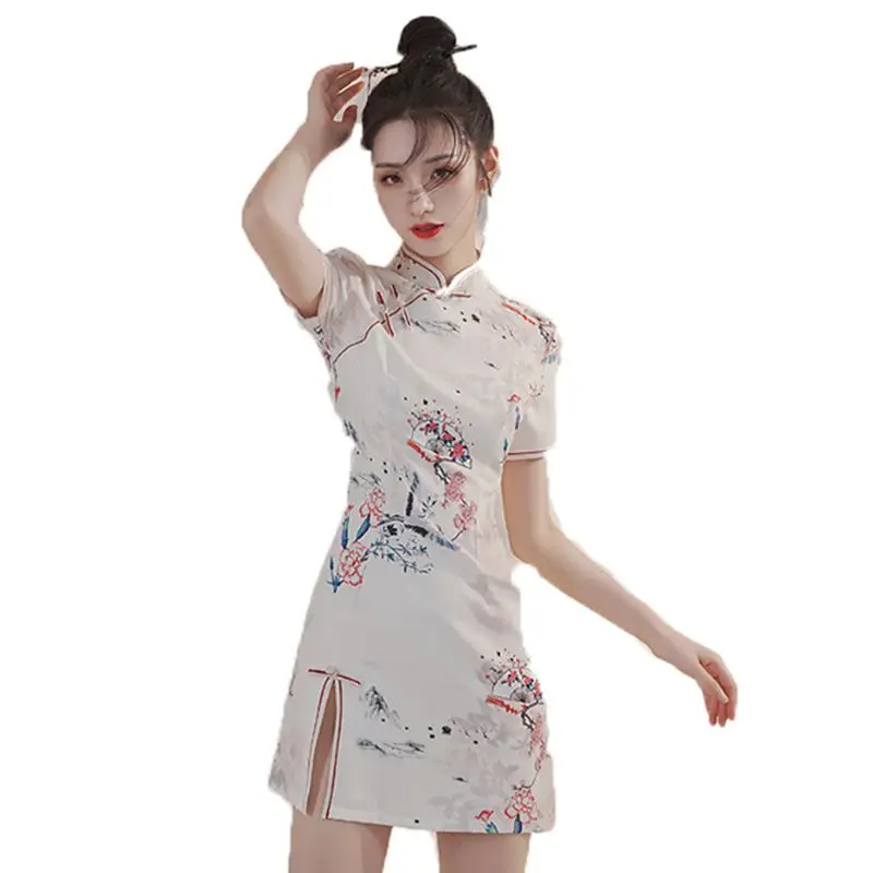 חדש סינית מסורתית נשים Cheongsam שמלת סקסית שרוול קצר ליידי פרחוני הקיץ לפצל את שמלת מיני צ ' יפאו