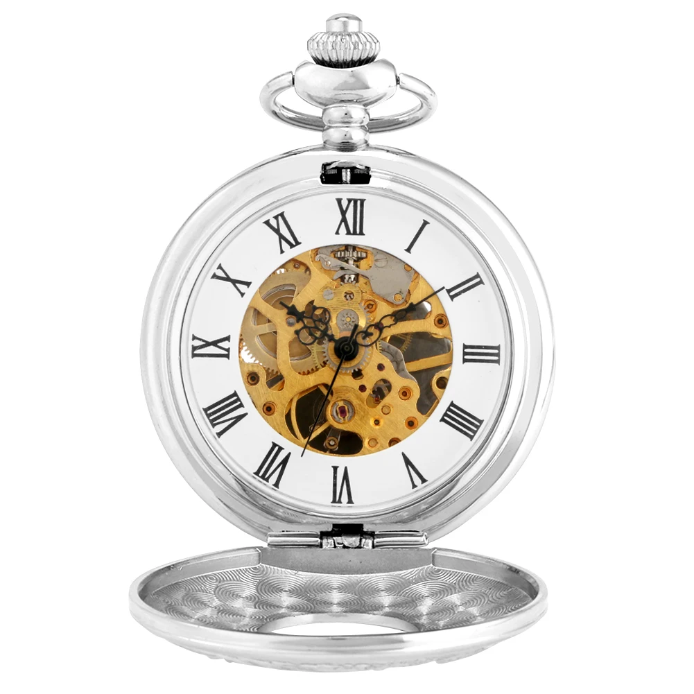 סילבר ספרות רומיות מכאני שעון כיס עתיק שעונים זהב שלד עם תליון יד מתפתל מנגנון השעון מתנה זכר