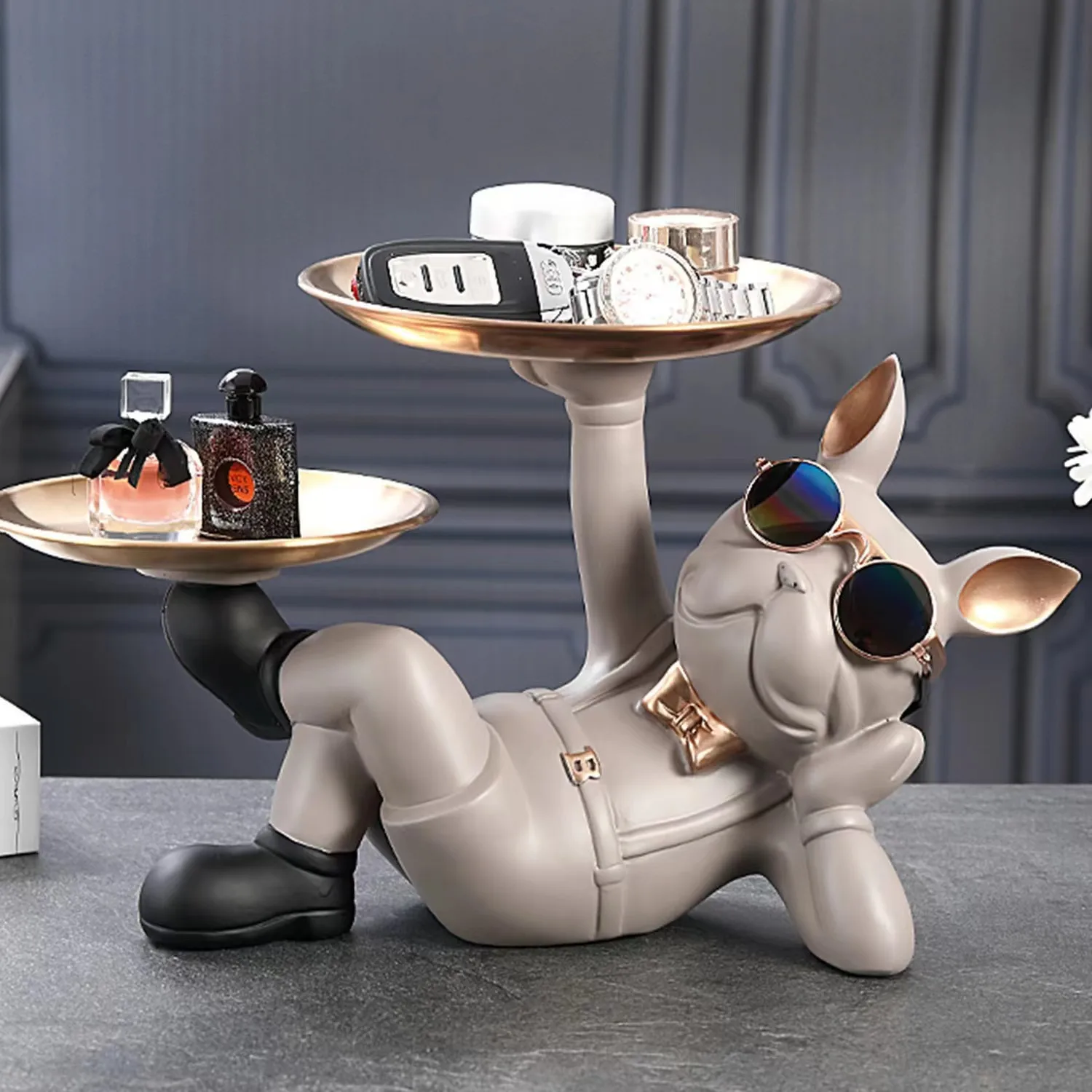 שרף בולדוג חיה צלמית עם מחזיק מפתחות אחסון מגש הכלב פסל מלאכת החיים השינה השולחן פנים הבית עיצוב מודל