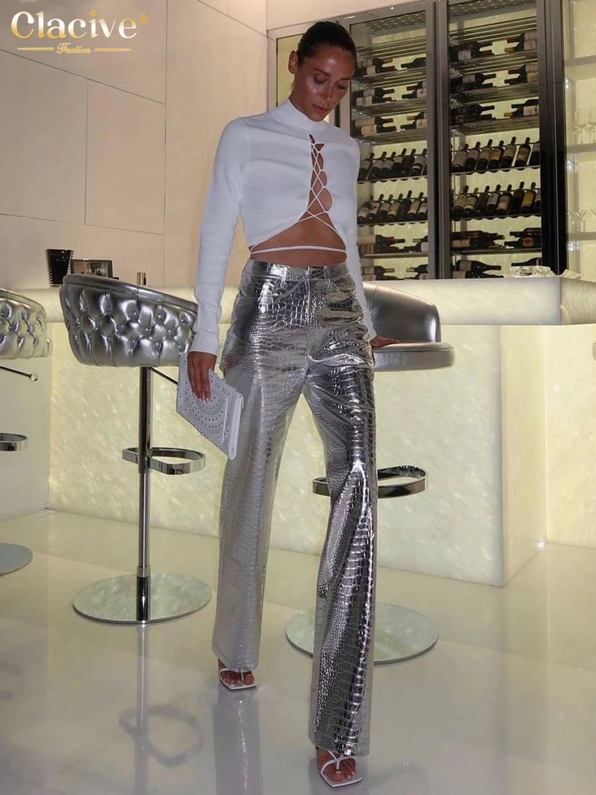 Clacive וינטג ' רסיס עור Pu נשים מכנסיים 2023 אופנה גבוהה מותן באורך מלא מכנסיים אופנת רחוב Y2k ישר מכנסיים נקבה