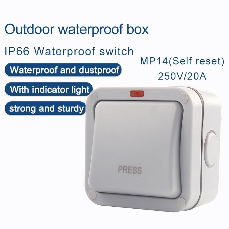 IP66 חיצוני עמיד למים, אבק הוכחה חיצונית הקיר החיצוני להחליף 1/2 החבורה לחץ על כפתור Powe מפסק בקיר שקע תיבת