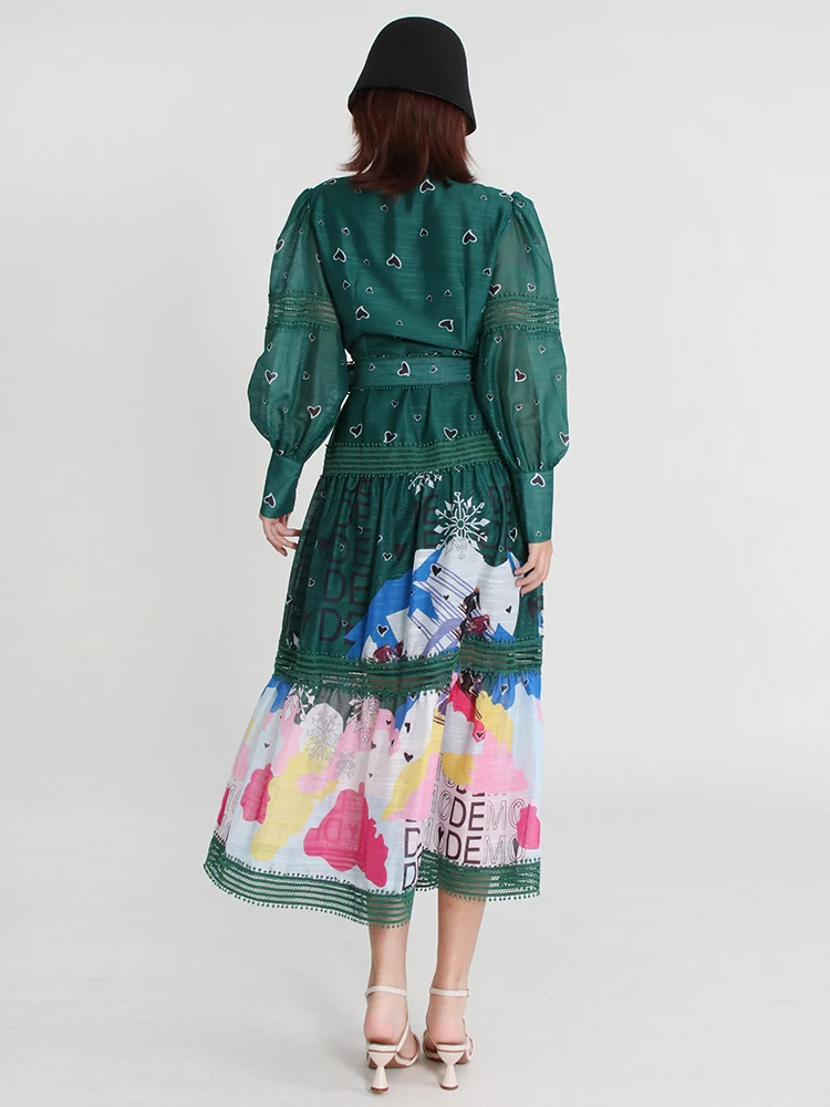 TWOTWINSTYLE הדפסה Colorblock חופשי Midi שמלה לנשים לעמוד צווארון פנס השרוול גבוה המותניים בציר שמלות נקבה 2022 חדש
