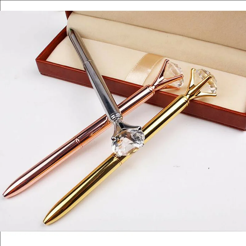 תיק מתכת עט כדורי קראט טבעת היהלום גביש עט הגברת החתונה המשרד ציוד לבית ספר מתנה רולר בעט כדור רוז זהב