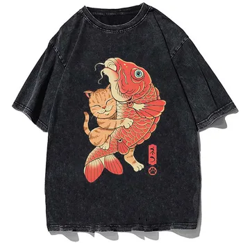 יפן סמוראי לוחם חתול מודפס חולצת קריקטורה חמודה שטף חולצת טי שחורה קיץ פנאי כותנה מקסימום Y2K Harajuku גברים Tees