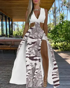 זברה פסים, עניבה צבע הדפסה פתח חרך שמלת מקסי 2023 הקיץ החדש של הנשים סקסי אופנה V-צוואר שמלה מזדמן חופשה על החוף