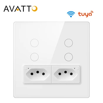AVATTO Tuya ברזיל 4X4 אלחוטי מתג קיר עם שקע,מגע, חיישן interruptor 4gang חכם מתג האור עובד עבור Alexa הבית של Google