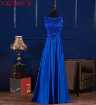 כחול רויאל 2019 אורך רצפת Appliqued חרוזים רשמי שמלת תחרה למעלה חזרה שמלה למסיבת סקופ צוואר תחרה, סאטן שמלות ערב