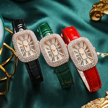 מלא יהלומים שעונים לנשים העליון יוקרה עיצוב של נשים קוורץ שעונים עור ירוק שעון מגמה לצפות מאהבת נשים שעוני יד