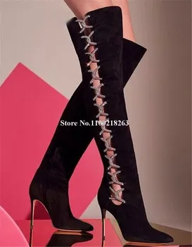 החדש נשים שחור זמש הברך מגפיים גבוהים סקסי מחודד בוהן בצד לגזור שרוכים stiletto עקב זמן מגפיים שמלה למסיבת נעליים